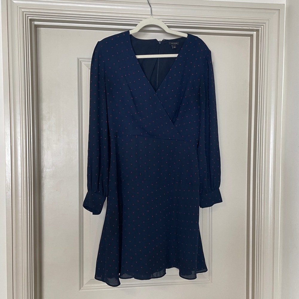 Ann Taylor Loft Navy Maroon Polka Dot Lined V-Neck Long Sleeve Dress Size 6